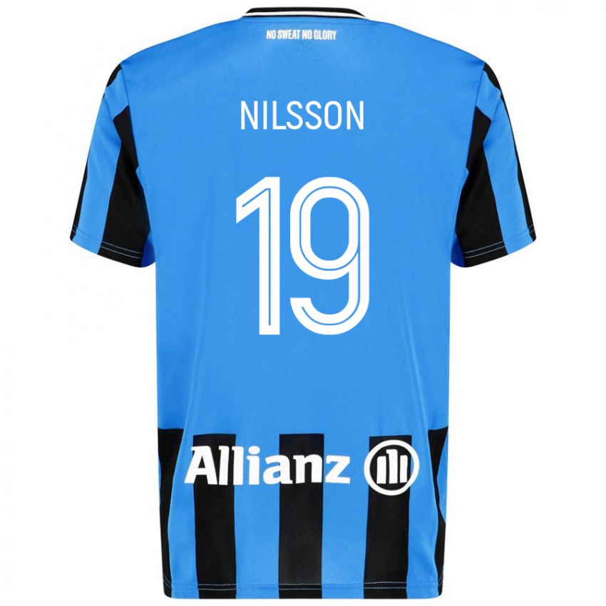 Femme Maillot Gustaf Nilsson #19 Bleu Ciel Noir Tenues Domicile 2024/25 T-Shirt Belgique