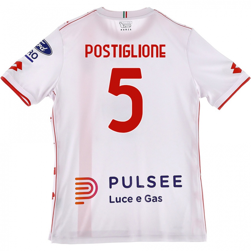 Femme Maillot Nicolò Postiglione #5 Blanc Rouge Tenues Extérieur 2024/25 T-Shirt Belgique